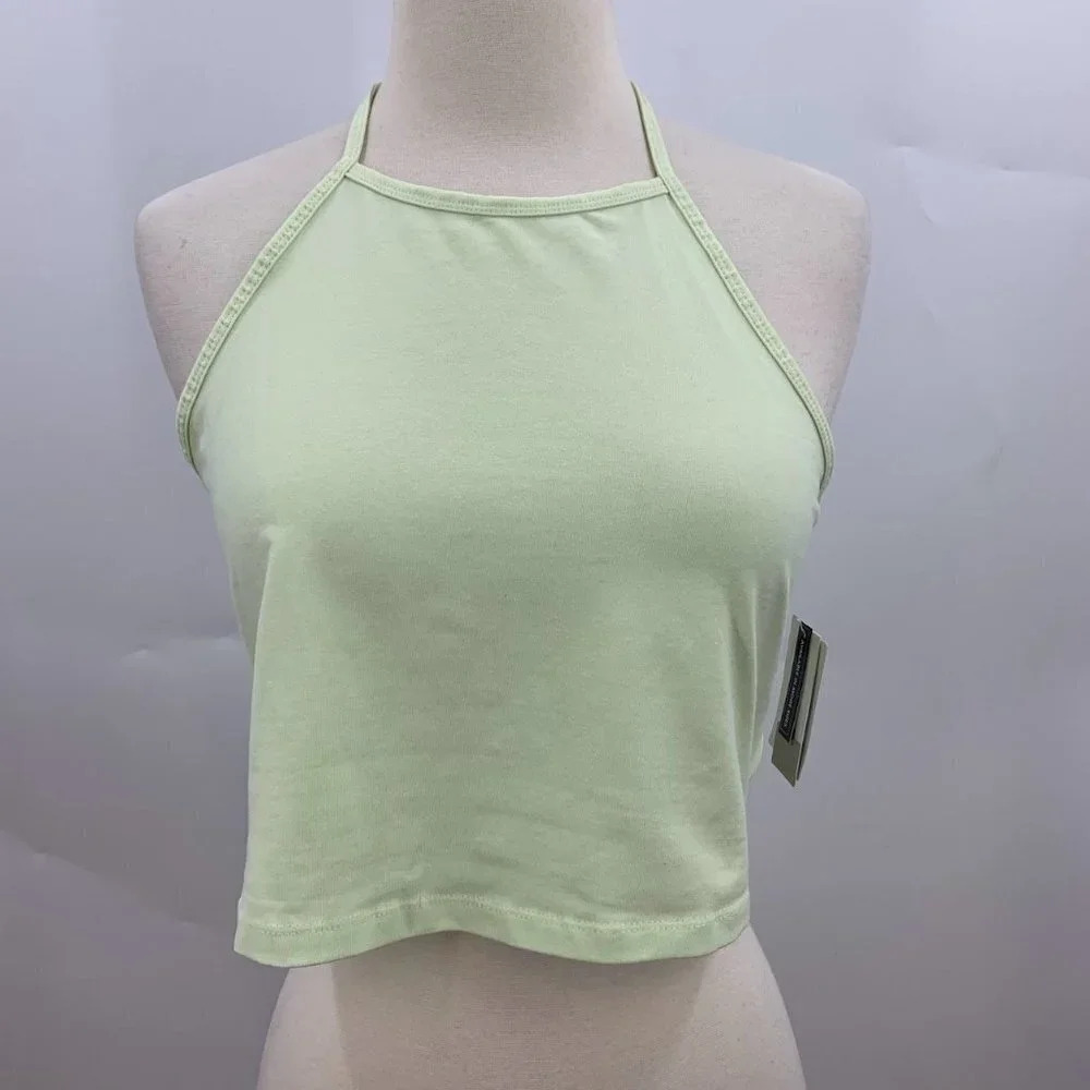 Nordstrom BP Women's Halter Cotton Crop Top Tank in Green Limecream Size L‎ NWT